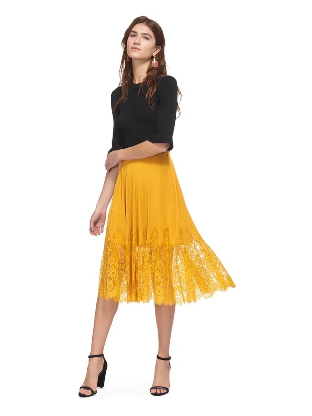WHISTLES “Lilian” Pleated Lace Midi Skirt in Yellow